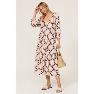 The Odells Lyla Petal Geo Print Square Neck Tiered Linen Midi Dress Size S